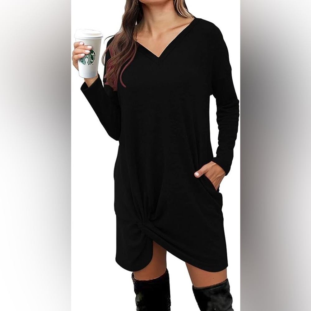 NEW Casual Tunic V-neck Pullover Long Sleeve Sweater Dress - Picture 3 of 9